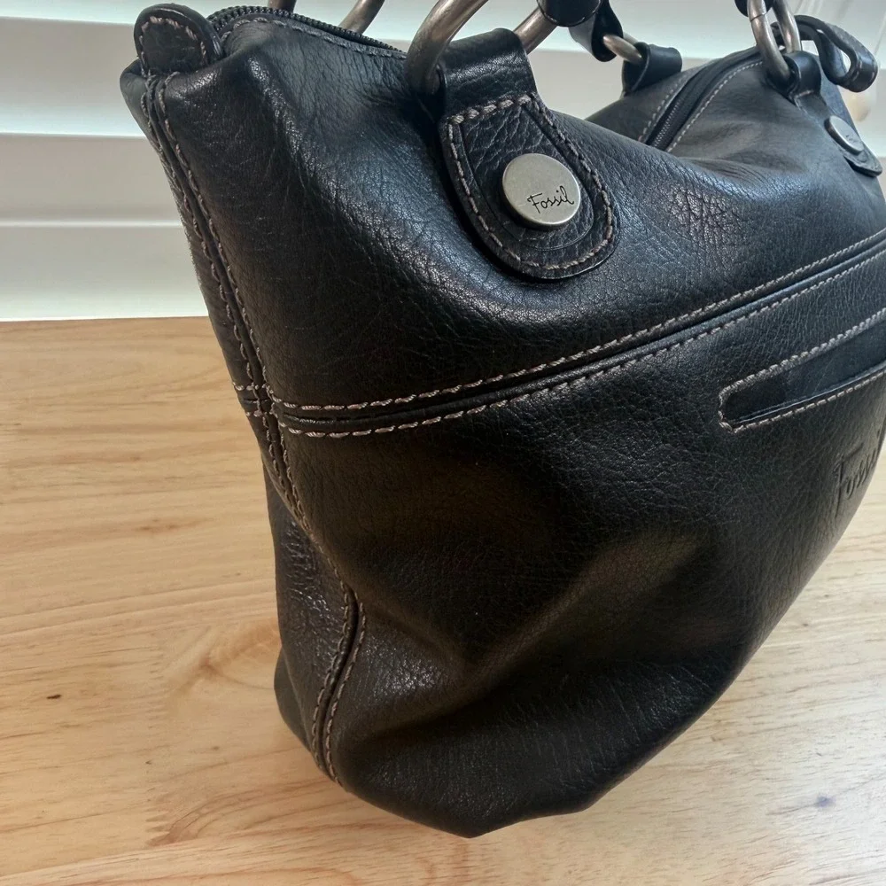 VTG 1954 Fossil Long Live Black Faux Leather Zip Double Handle Satchel Handbag